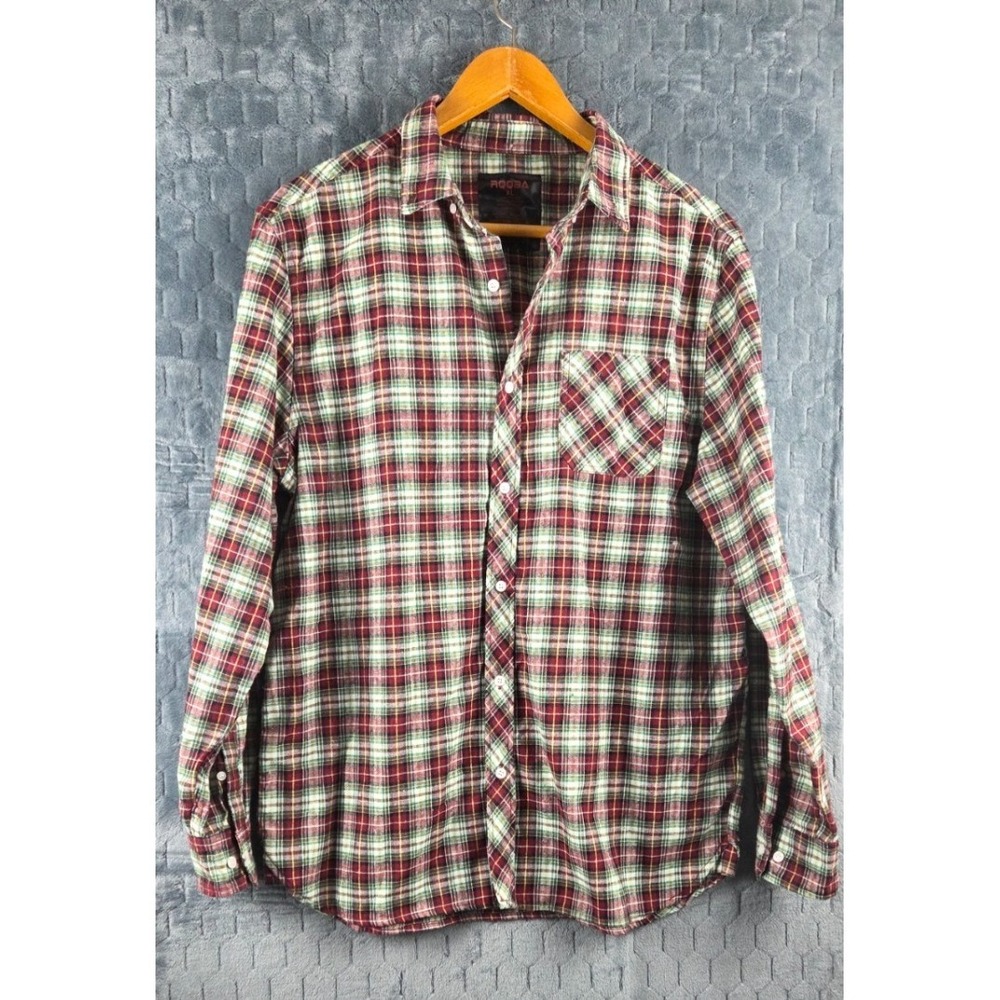 RQQBA‎ Flannel Shirt Mens XL Red Green Plaid Button Up Long Sleeve
